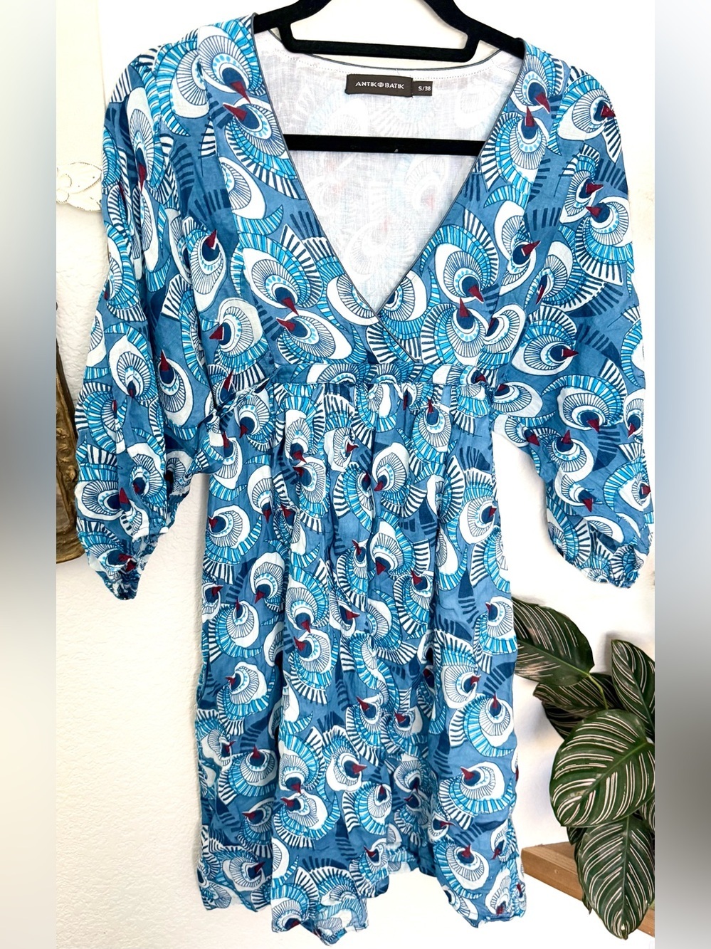 Antik Batik Eclypse Mini Dress Babydoll Blockprint Boho Hippie Cotton Blue Sz S